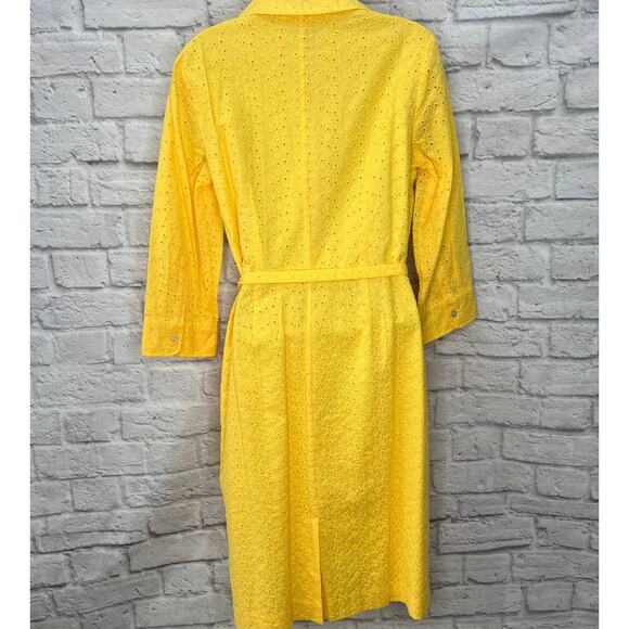 Talbots Yellow Eyelet Midi Shirt Dress Belt Size 8 3/4 Sleeves Button Front - Picture 4 of 8